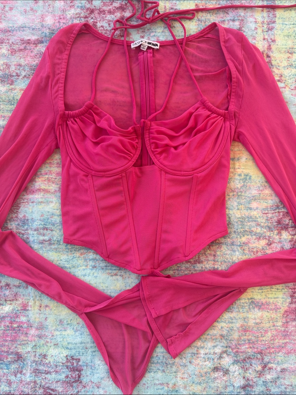 Fashion Nova Hot Pink Long Sleeve Mesh Corset Bodysuit